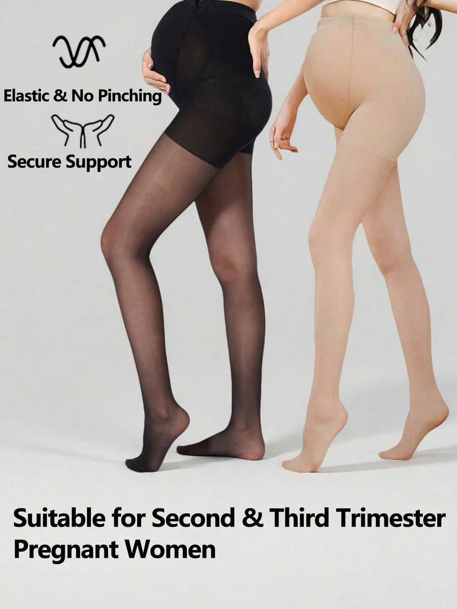 Maternity Pantyhose - Belly Support Beige Black Elastic Waist Lightweight, Spring Summer