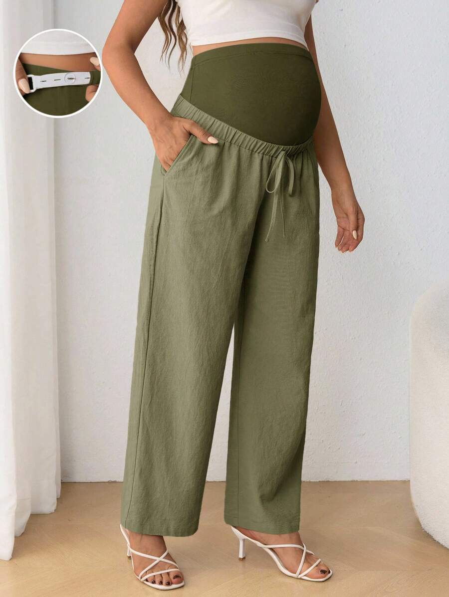 Maternity Belly Support Pants - Drawstring Bowknot, Straight Leg, Ultra High Waist, Black