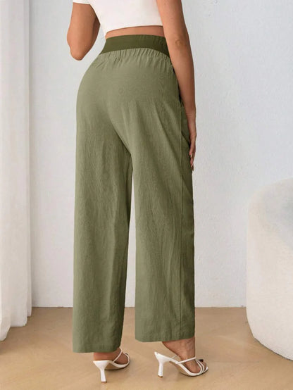 Maternity Belly Support Straight Leg Pants - Drawstring, Ultra High Waist, Apricot