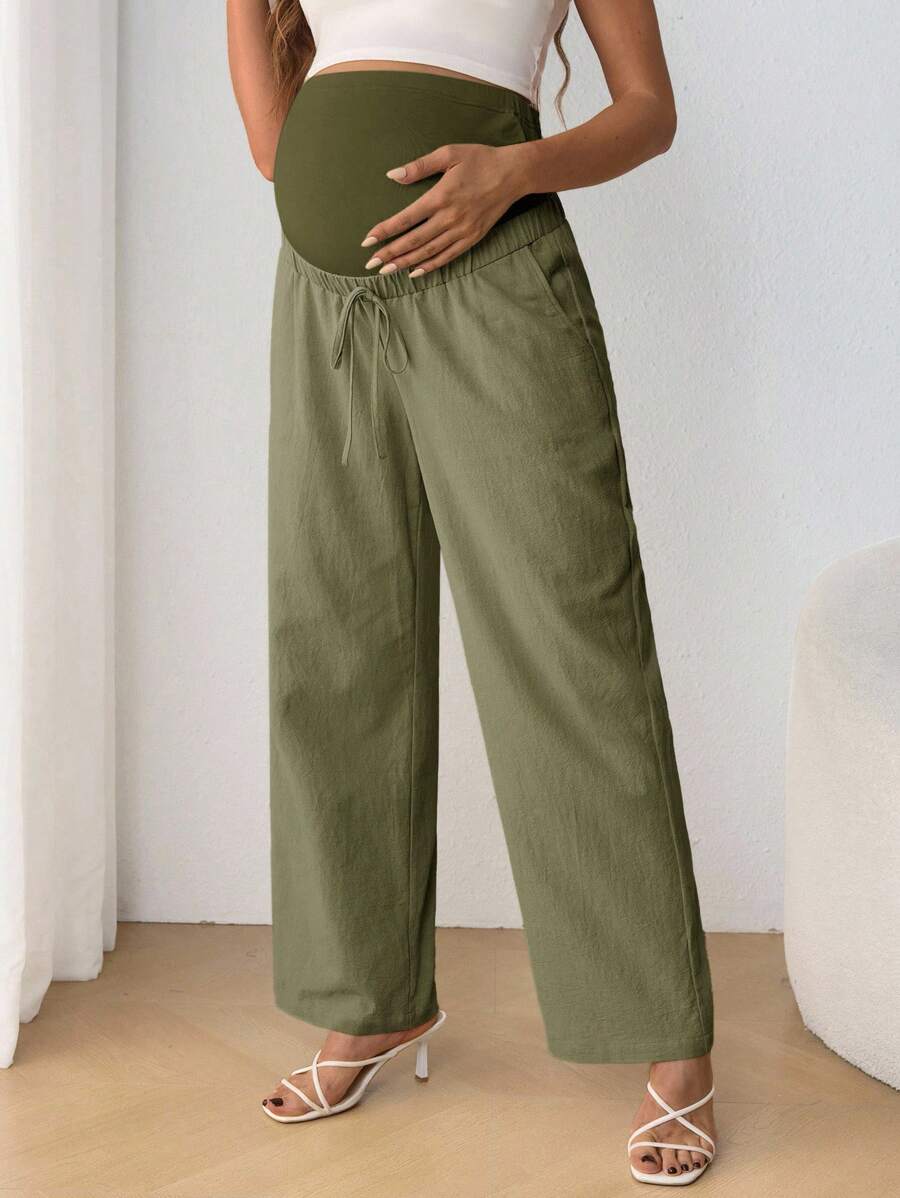 Maternity Belly Support Straight Leg Pants - Drawstring, Ultra High Waist, Apricot