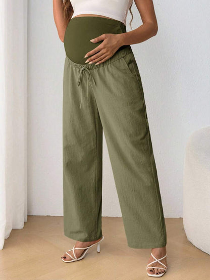 Maternity Belly Support Straight Leg Pants - Drawstring, Ultra High Waist, Apricot
