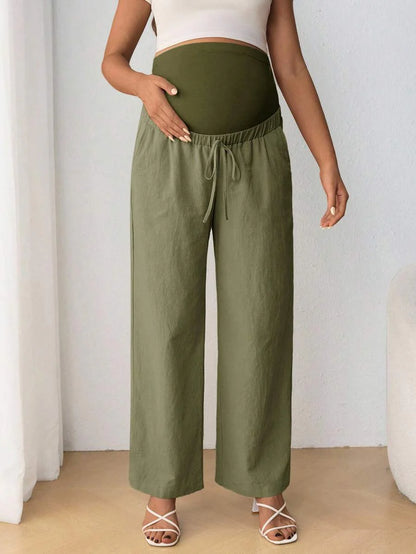 Maternity Belly Support Pants - Drawstring Bowknot, Straight Leg, Ultra High Waist, Black
