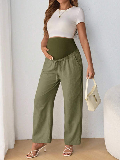 Maternity Belly Support Straight Leg Pants - Drawstring, Ultra High Waist, Apricot