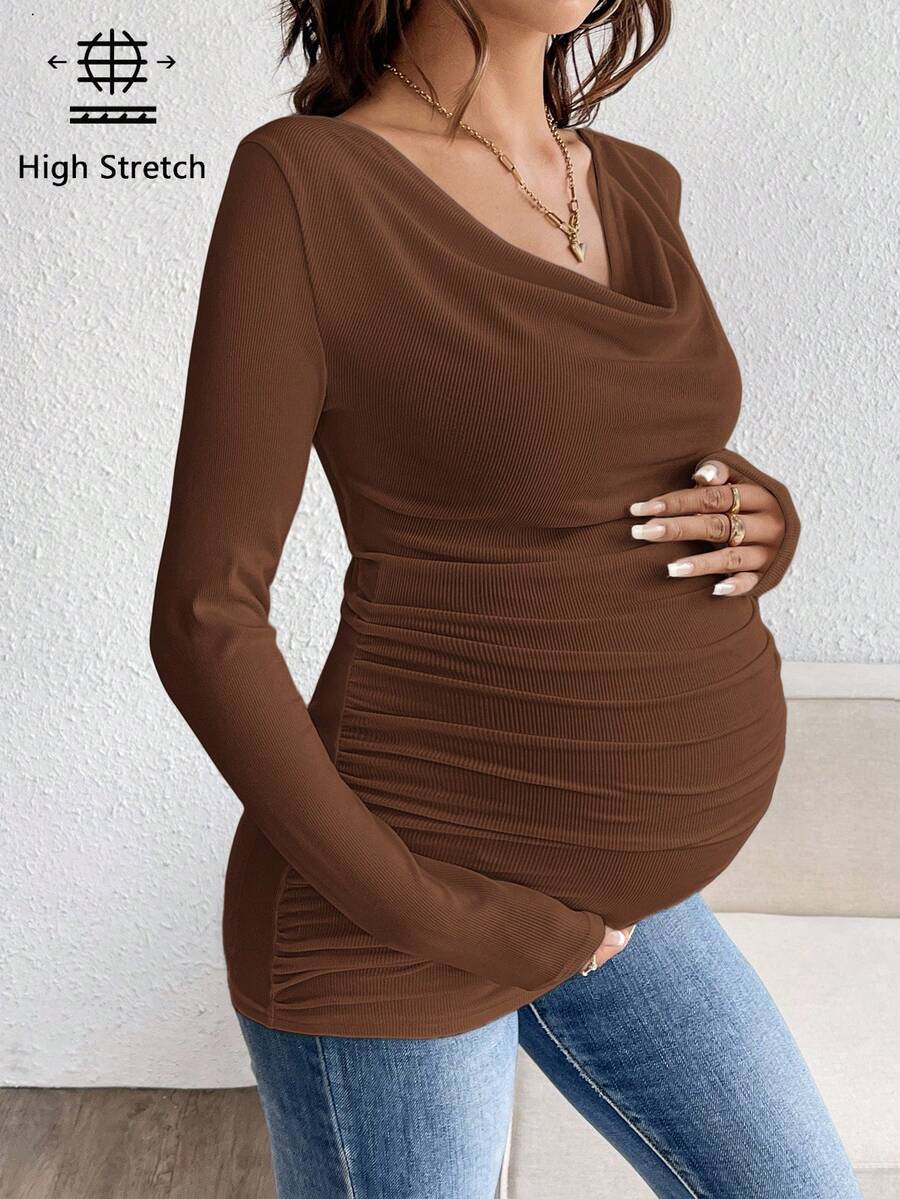 Maternity Solid Color Draped Neck Pleated Long Sleeve T-Shirt - Ribbed Pregnancy Top