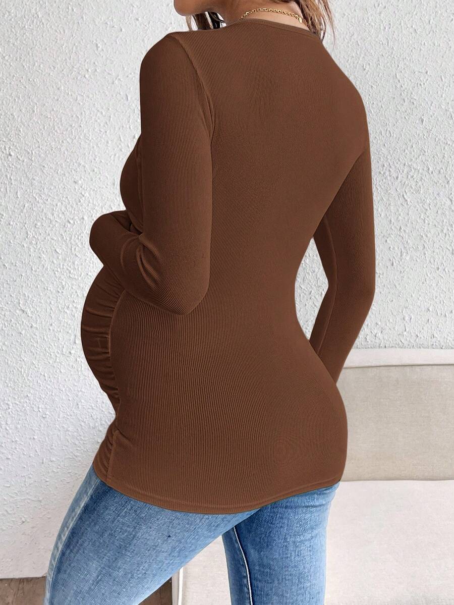 Maternity Solid Color Draped Neck Pleated Long Sleeve T-Shirt - Ribbed Pregnancy Top