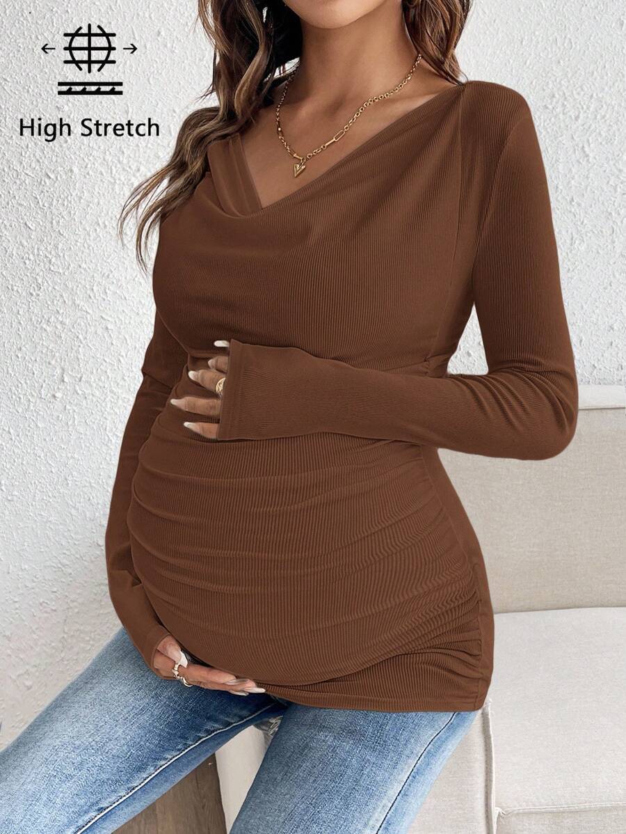 Maternity Solid Color Draped Neck Pleated Long Sleeve T-Shirt - Ribbed Pregnancy Top