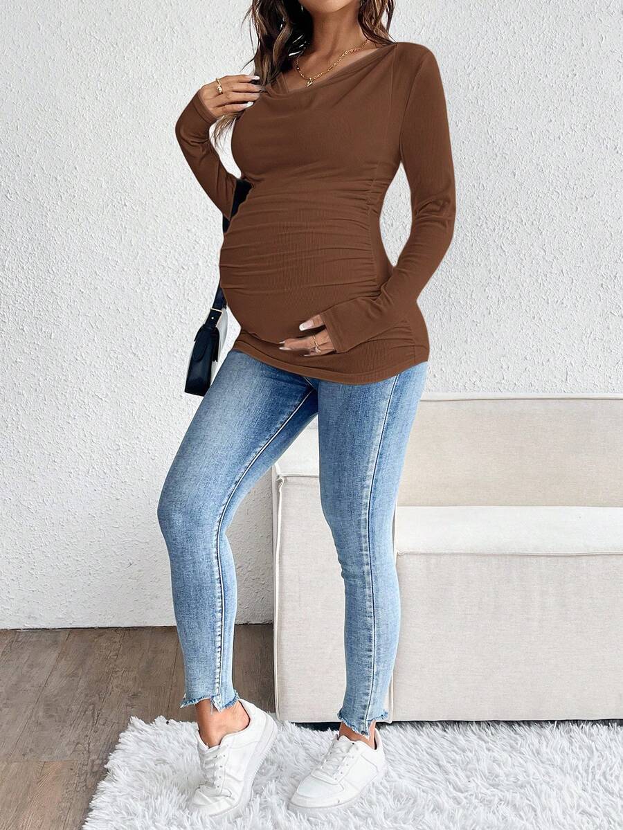 Maternity Solid Color Draped Neck Pleated Long Sleeve T-Shirt - Ribbed Pregnancy Top