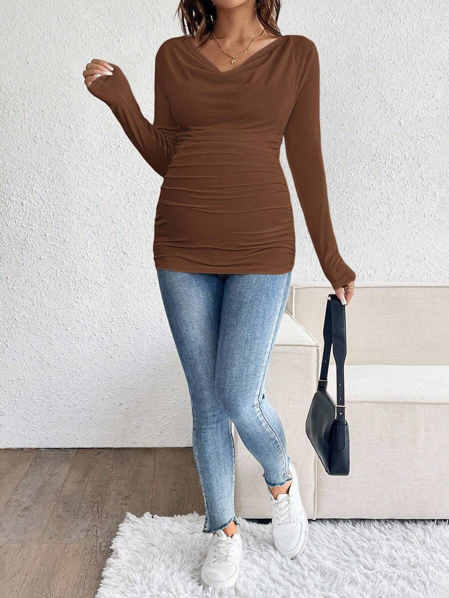 Maternity Solid Color Draped Neck Pleated Long Sleeve T-Shirt - Ribbed Pregnancy Top