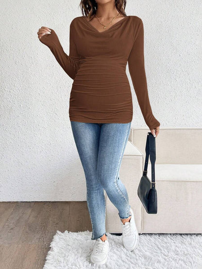 Maternity Solid Color Draped Neck Pleated Long Sleeve T-Shirt - Ribbed Pregnancy Top