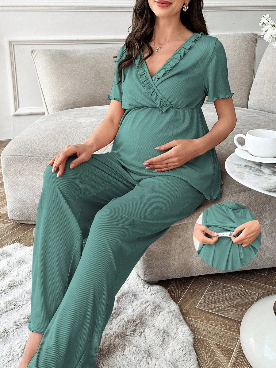 Maternity Pajama Set - Solid Color V-Neck Ruffle Trim Top and Pants, Purple Postpartum
