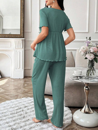Maternity Pajama Set - Solid Color V-Neck Ruffle Trim Top and Pants, Purple Postpartum