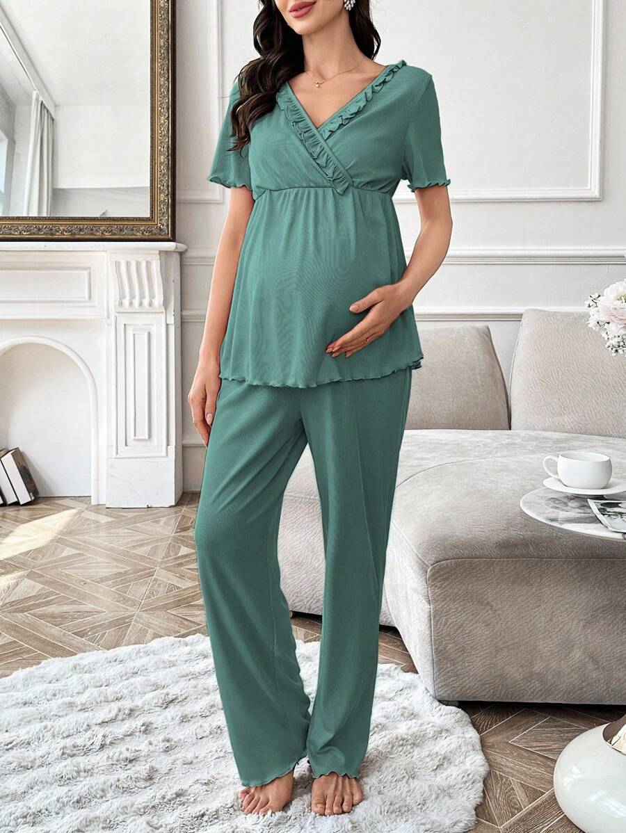 Maternity Pajama Set - Solid Color V-Neck Ruffle Trim Top and Pants, Purple Postpartum