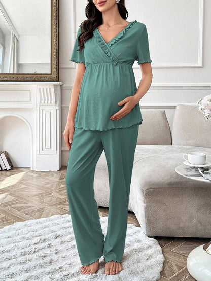 Maternity Pajama Set - Solid Color V-Neck Ruffle Trim Top and Pants, Purple Postpartum