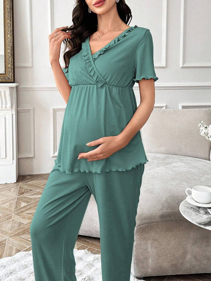 Maternity Pajama Set - Solid Color V-Neck Ruffle Trim Top and Pants, Purple Postpartum