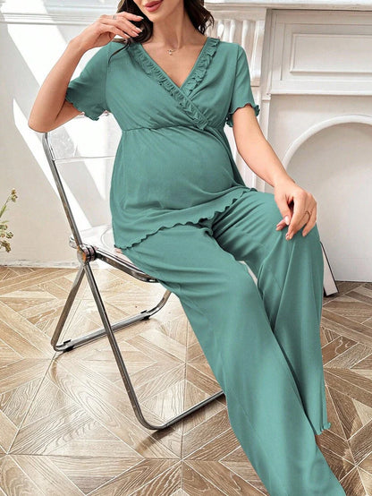 Maternity Pajama Set - Solid Color V-Neck Ruffle Trim Top and Pants, Purple Postpartum