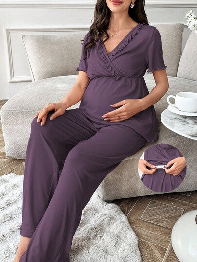Maternity Pajama Set - Solid Color V-Neck Ruffle Trim Top and Pants, Purple Postpartum
