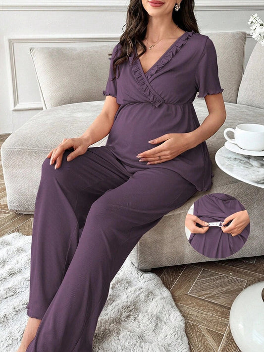 Maternity Pajama Set - Solid Color V-Neck Ruffle Trim Top and Pants, Purple Postpartum