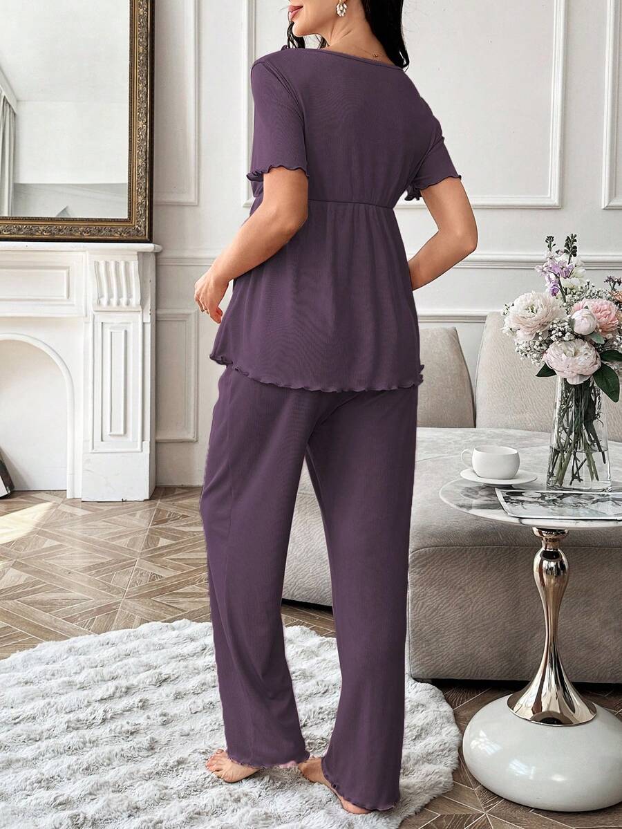 Maternity Pajama Set - Solid Color V-Neck Ruffle Trim Top and Pants, Purple Postpartum