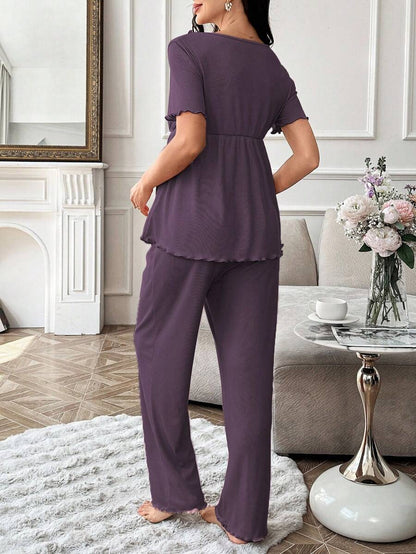 Maternity Pajama Set - Solid Color V-Neck Ruffle Trim Top and Pants, Purple Postpartum