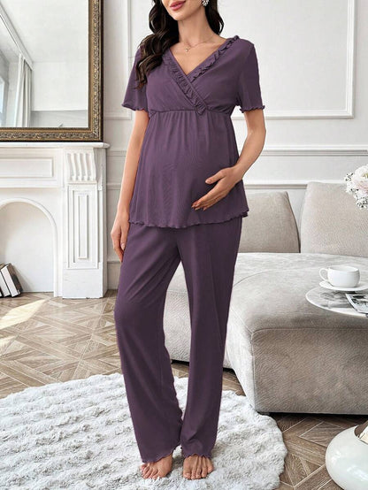 Maternity Pajama Set - Solid Color V-Neck Ruffle Trim Top and Pants, Purple Postpartum