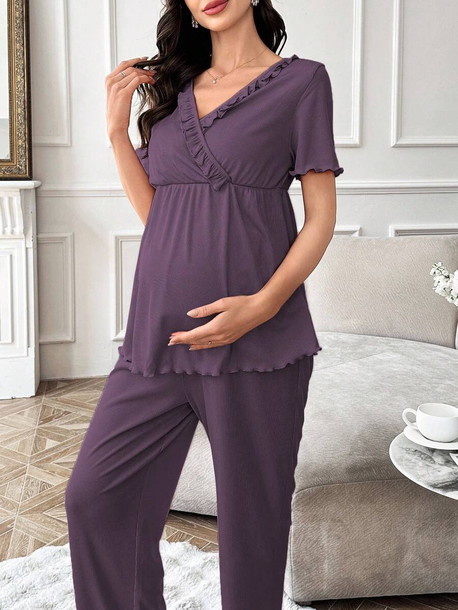 Maternity Pajama Set - Solid Color V-Neck Ruffle Trim Top and Pants, Purple Postpartum