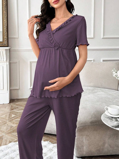 Maternity Pajama Set - Solid Color V-Neck Ruffle Trim Top and Pants, Purple Postpartum