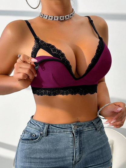 Lace Trim Nursing Bra Wireless Grey Maternity Strapless Bralette with Adjustable Straps for Daily Support