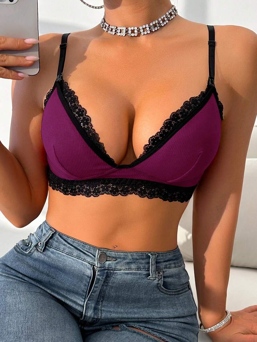 Lace Trim Nursing Bra Wireless Grey Maternity Strapless Bralette with Adjustable Straps for Daily Support