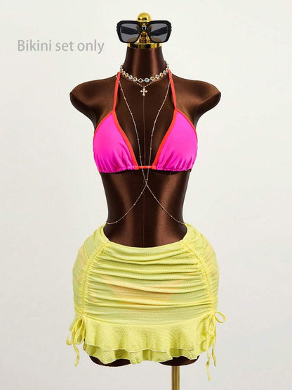 Swim Vcay Women's Summer Beach Contrast Color Halter Tie Sexy Bikini And Triangle Panty Swimwear Set Blue Bikini Yacht Party Outfit Vacation Bikini Boat Party Outfit Women Tie Side Bikini Triangle Bikini Set Light Blue Bikini