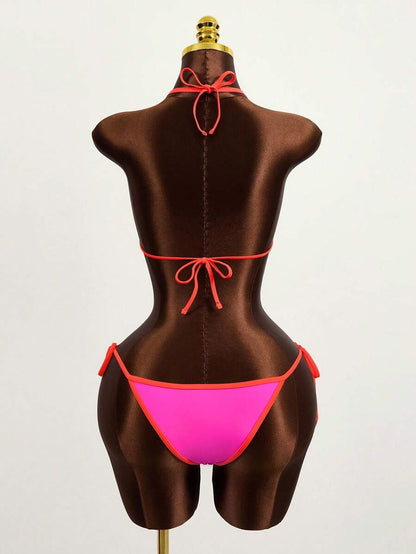 Swim Vcay Women's Summer Beach Contrast Color Halter Tie Sexy Bikini And Triangle Panty Swimwear Set Blue Bikini Yacht Party Outfit Vacation Bikini Boat Party Outfit Women Tie Side Bikini Triangle Bikini Set Light Blue Bikini
