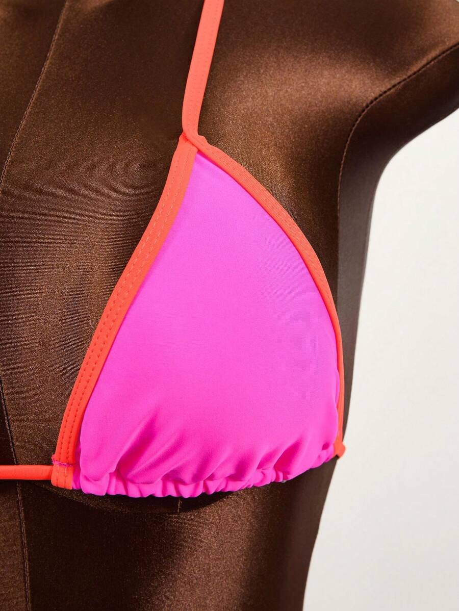 Swim Vcay Women's Summer Beach Contrast Color Halter Tie Sexy Bikini And Triangle Panty Swimwear Set Blue Bikini Yacht Party Outfit Vacation Bikini Boat Party Outfit Women Tie Side Bikini Triangle Bikini Set Light Blue Bikini