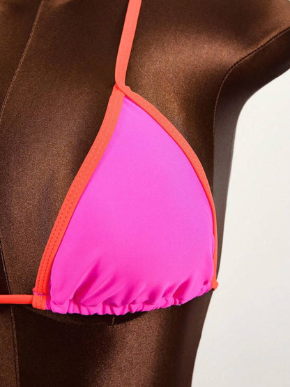 Swim Vcay Women's Summer Beach Contrast Color Halter Tie Sexy Bikini And Triangle Panty Swimwear Set Blue Bikini Yacht Party Outfit Vacation Bikini Boat Party Outfit Women Tie Side Bikini Triangle Bikini Set Light Blue Bikini