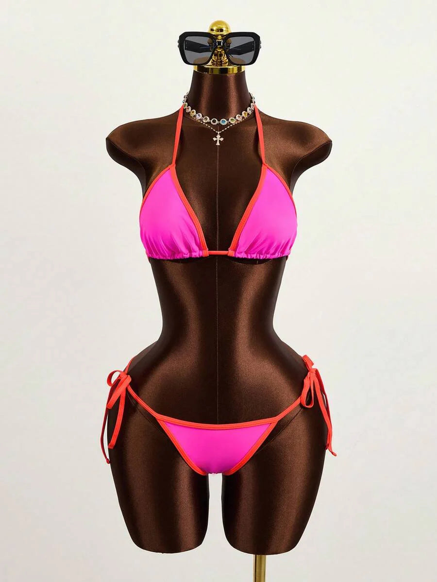 Swim Vcay Women's Summer Beach Contrast Color Halter Tie Sexy Bikini And Triangle Panty Swimwear Set Blue Bikini Yacht Party Outfit Vacation Bikini Boat Party Outfit Women Tie Side Bikini Triangle Bikini Set Light Blue Bikini