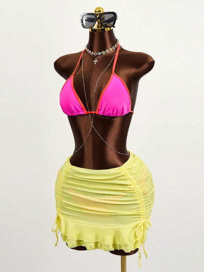 Swim Vcay Women's Summer Beach Contrast Color Halter Tie Sexy Bikini And Triangle Panty Swimwear Set Blue Bikini Yacht Party Outfit Vacation Bikini Boat Party Outfit Women Tie Side Bikini Triangle Bikini Set Light Blue Bikini
