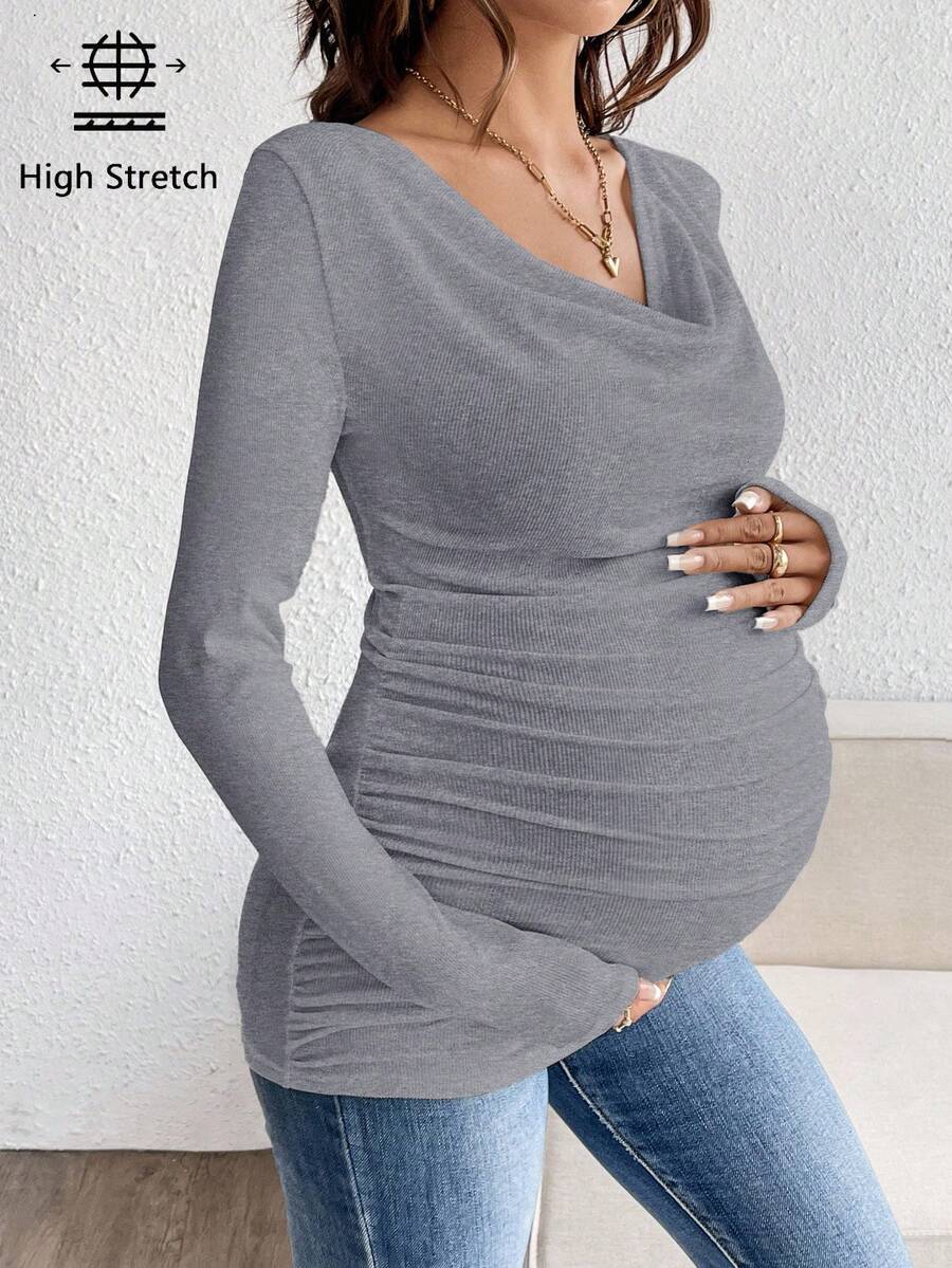 Maternity Solid Color Draped Neck Pleated Long Sleeve T-Shirt - Ribbed Pregnancy Top