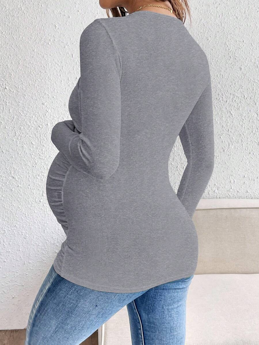 Maternity Solid Color Draped Neck Pleated Long Sleeve T-Shirt - Ribbed Pregnancy Top