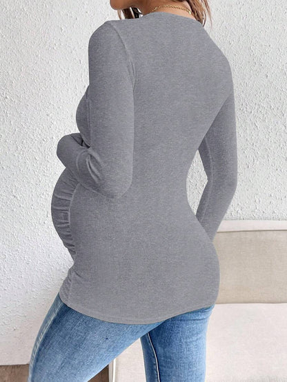 Maternity Solid Color Draped Neck Pleated Long Sleeve T-Shirt - Ribbed Pregnancy Top