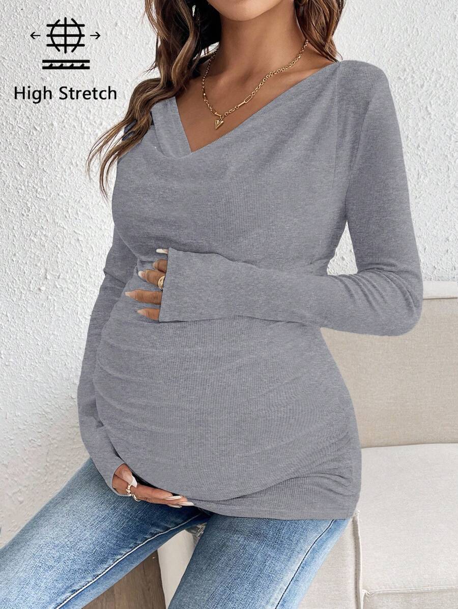 Maternity Solid Color Draped Neck Pleated Long Sleeve T-Shirt - Ribbed Pregnancy Top