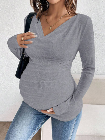 Maternity Solid Color Draped Neck Pleated Long Sleeve T-Shirt - Ribbed Pregnancy Top