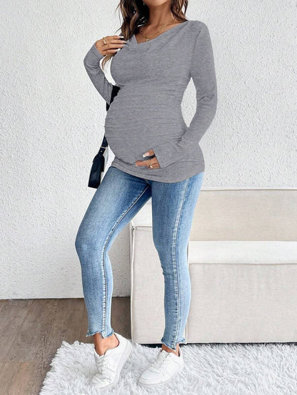 Maternity Solid Color Draped Neck Pleated Long Sleeve T-Shirt - Ribbed Pregnancy Top