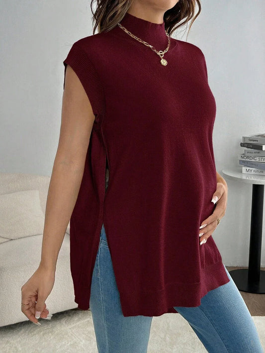 Women's Maternity Loose Knitted Sweater with Side Slit - Casual Autumn Pullover