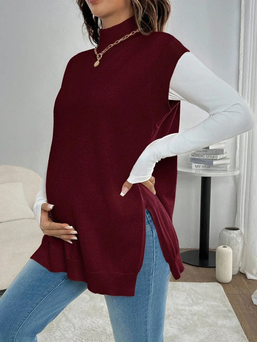 Women's Maternity Loose Knitted Sweater with Side Slit - Casual Autumn Pullover