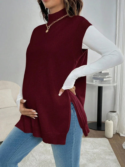 Women's Maternity Loose Knitted Sweater with Side Slit - Casual Autumn Pullover