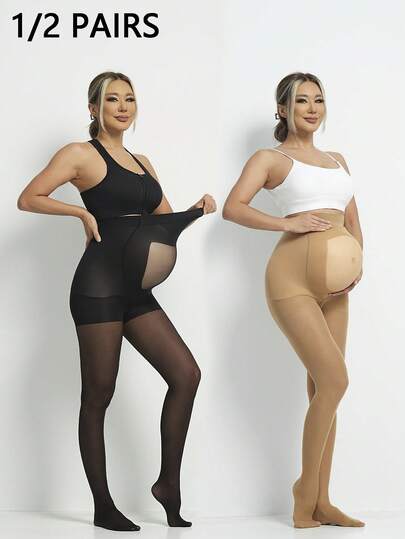 Maternity Silk Stockings 1-2 Pairs - Black Skin Tone Transparent Belly High Elasticity, Autumn