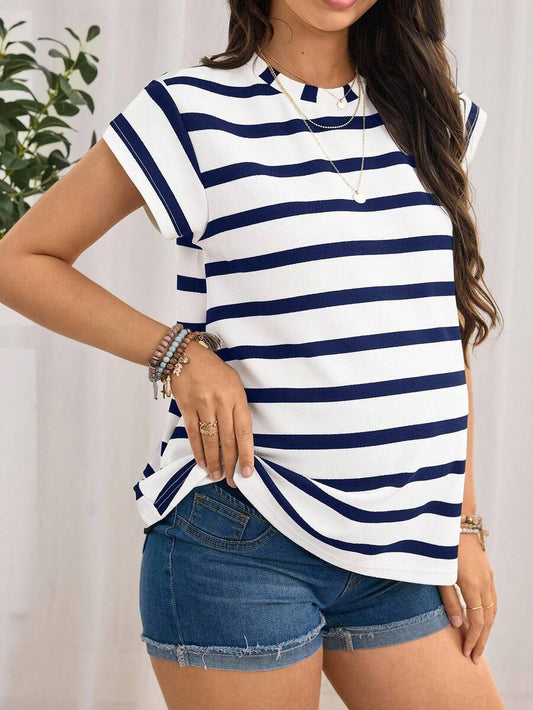 Navy Blue Striped Maternity T-Shirt - Loose Fit Batwing Sleeve Round Neck Summer Top - Casual Knitted Cap Sleeve Pregnancy Shirt