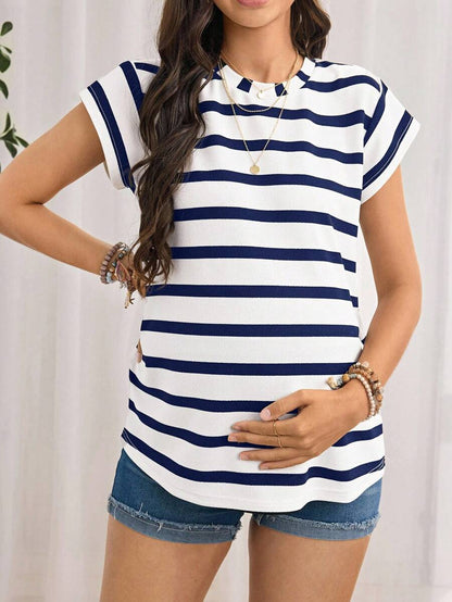 Navy Blue Striped Maternity T-Shirt - Loose Fit Batwing Sleeve Round Neck Summer Top - Casual Knitted Cap Sleeve Pregnancy Shirt
