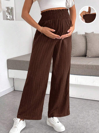 Maternity Wide Leg Pants - Shirred Waist, Loose Fit, Ultra High Waist, Apricot