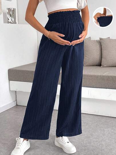 Maternity Paper Bag Waist Pants - Shirred, Wide Leg, Loose Fit, Navy Blue