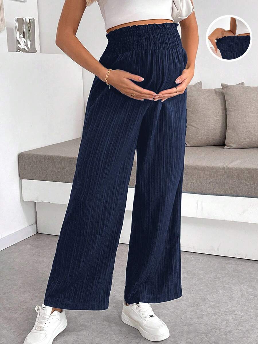 Maternity Paper Bag Waist Pants - Shirred, Wide Leg, Loose Fit, Navy Blue