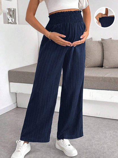 Maternity Paper Bag Waist Pants - Shirred, Wide Leg, Loose Fit, Navy Blue